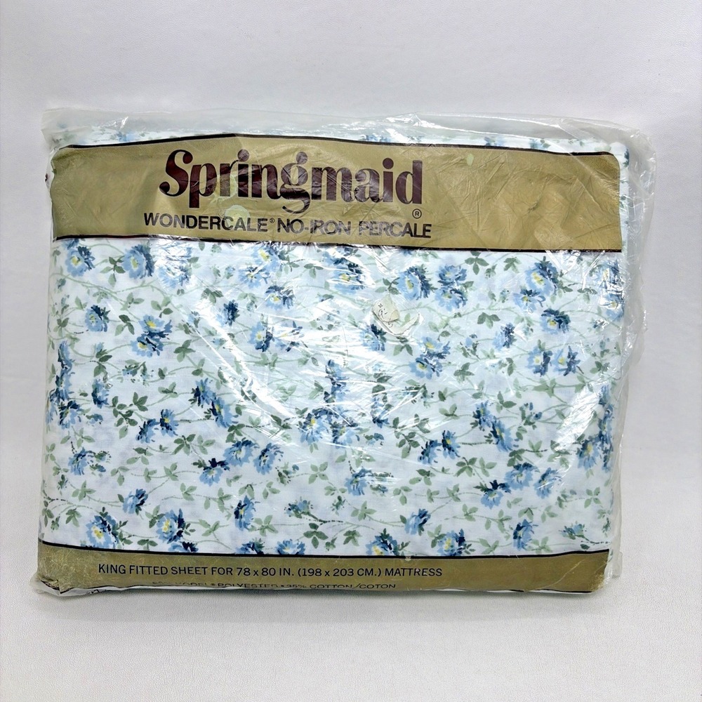 Springmaid Wondercale Blue Floral Retro No Iron Percale King Fit Sheet Vtg NOS